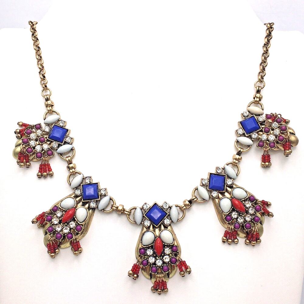 Ruff-Skch Blue White Red Purple Ornate Owl Face Bib Statement Necklace